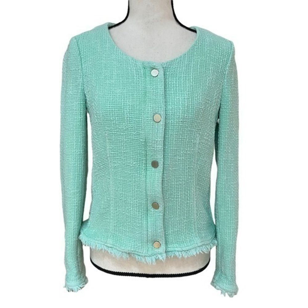 Zara Trafaluc Boucle Tweed Jacket Mint Green Frayed Hem. More like fitted size 8
